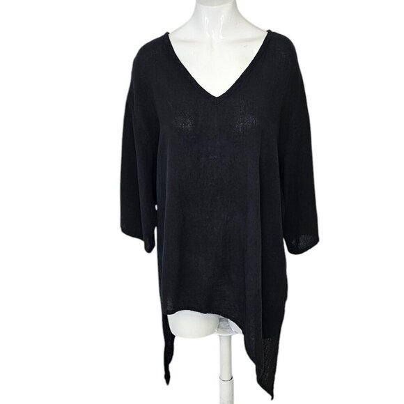 Oh My Gauze! Womens Aysymmetrical Lagenlook Cotton V-Neck Top, Black, Sz 2 L/XL - Picture 1 of 7